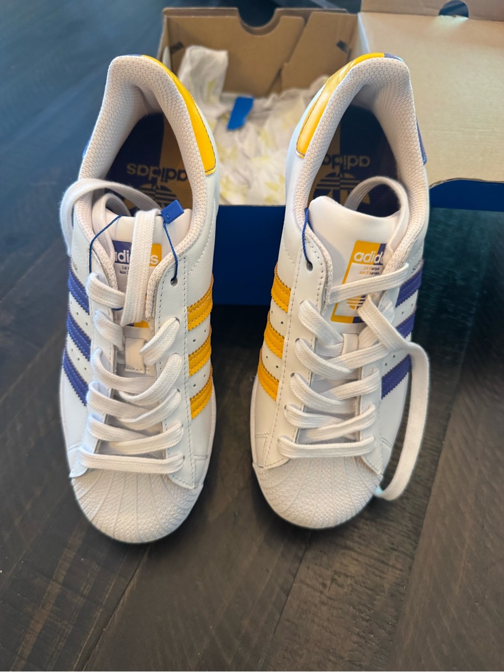 LAKERS adidas White Sneakers with Yellow & Purple Stripes